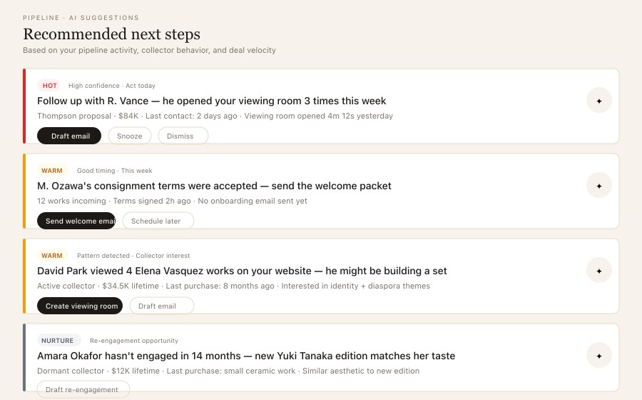 AbstractStack AI-powered next-step suggestions — prioritized actions based on collector behavior and deal velocity
